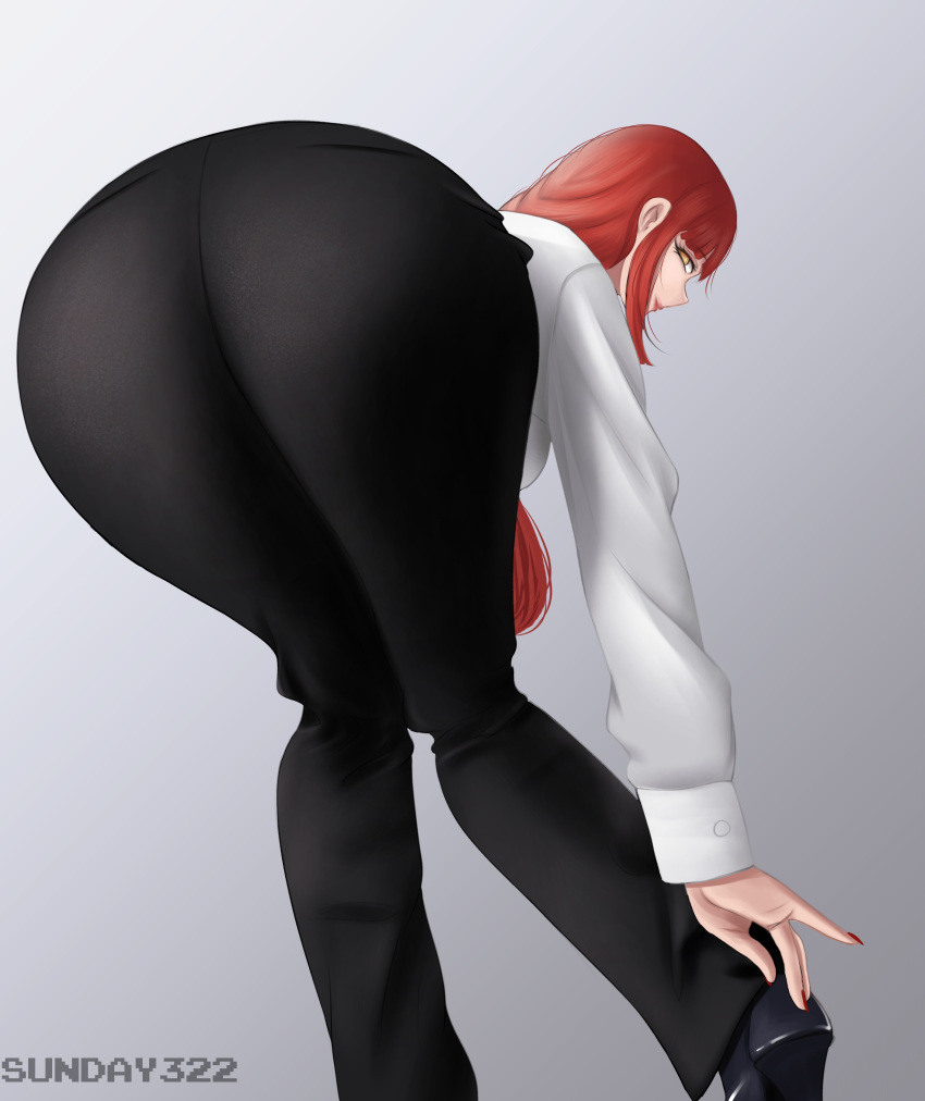 1girl absurdres artist_name ass bent_over black_pants chainsaw_man collared_shirt english_commentary foreshortening formal from_below gradient gradient_background highres long_hair looking_at_viewer looking_back makima_(chainsaw_man) office_lady pants red_hair red_nails seductive_smile shirt smile solo sunday322 yellow_eyes