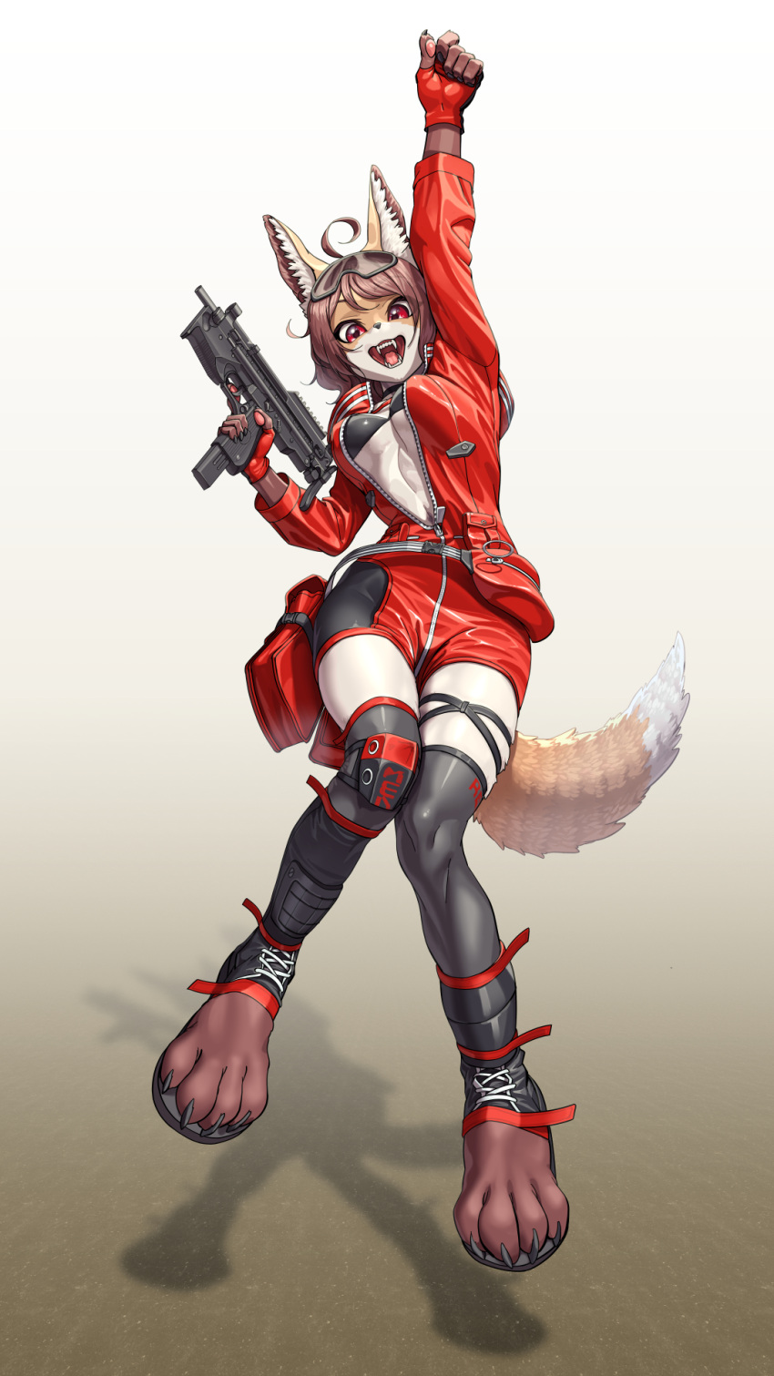 anthro breasts canid canine canis clothed clothing digital_media_(artwork) female fox fur girls_frontline gun hair hi_res jacket jumpsuit looking_at_viewer lyoung0j mammal open_mouth orange_body orange_fur pm-06_(girls_frontline) ranged_weapon red_clothing simple_background solo topwear weapon