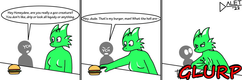 absurd_res annoyed burger chubby_male comic daletfours dialogue dragon duo faceless_character faceless_male food furniture goo_creature green_body hi_res honeydew_(daletfours) humanoid humor ingestion male moobs nude onomatopoeia simple_background sound_effects speech_bubble table text wide_eyed ych_(character)