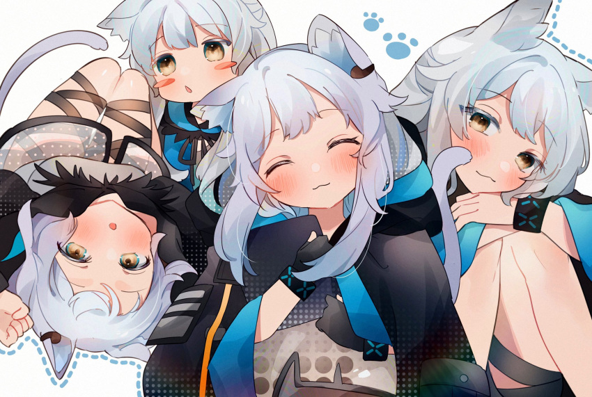 1girl :o animal_ears arknights bangs blush blush_stickers cat_ears cat_girl cat_tail chestnut_mouth cloak closed_eyes closed_mouth dress green_eyes happy highres hood hood_down hooded_cloak infection_monitor_(arknights) long_hair paw_print rosmontis_(arknights) silver_hair smile tail takumi_mizuki thigh_strap white_dress