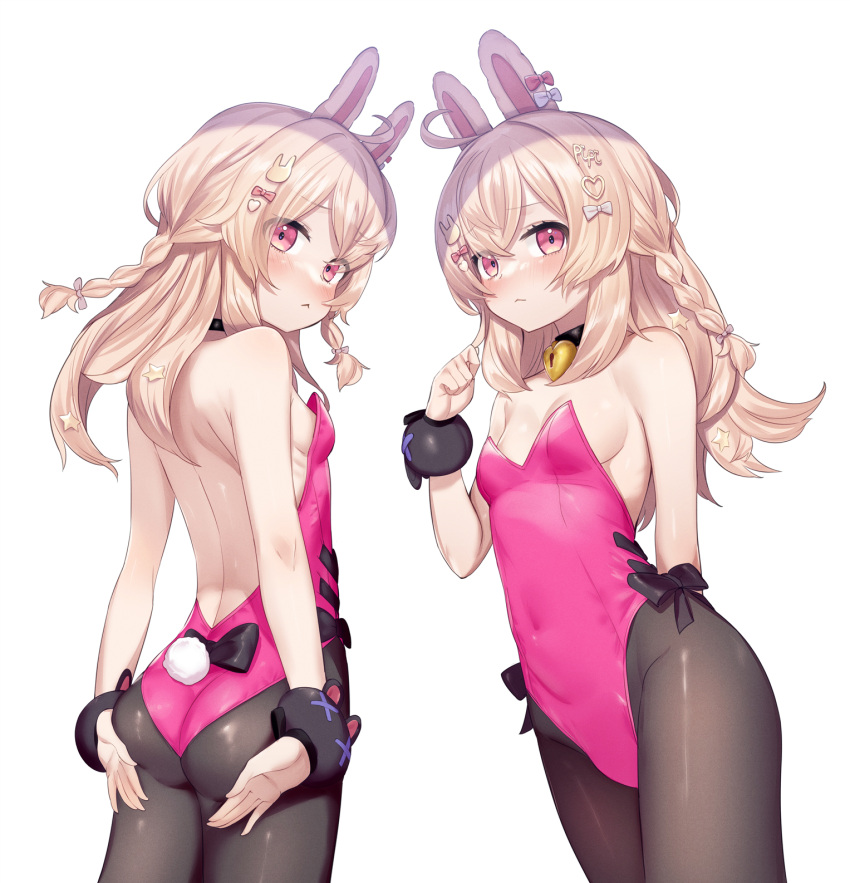 1girl animal_ears ass bare_shoulders black_choker black_legwear blonde_hair blush braid breasts choker closed_mouth from_behind hair_ornament highres long_hair looking_at_viewer minutachi multiple_views pantyhose phase_connect pink_eyes pipkin_pippa playboy_bunny rabbit_ears rabbit_tail sideboob simple_background single_braid small_breasts solo tail virtual_youtuber white_background