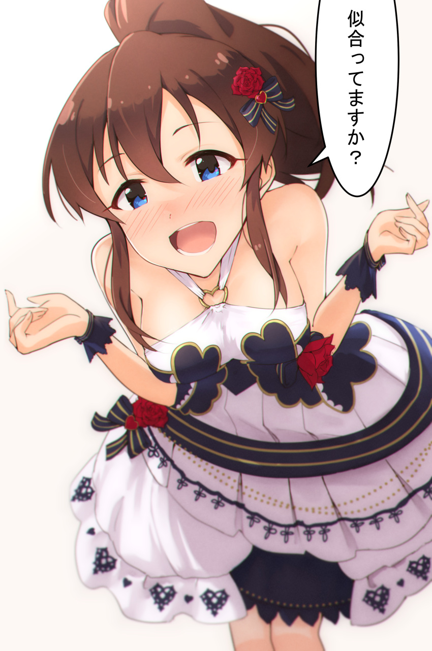 1girl absurdres bare_shoulders blue_eyes blush breasts brown_hair cleavage dress floral_print flower hair_between_eyes halter_dress halterneck hands_up heart_o-ring heart_ring_top highres idolmaster idolmaster_million_live! leaning_forward looking_at_viewer medium_breasts medium_dress open_mouth ponytail rose satake_minako simple_background sleeveless sleeveless_dress smile solo speech_bubble tareme translation_request wattsu white_dress wrist_cuffs