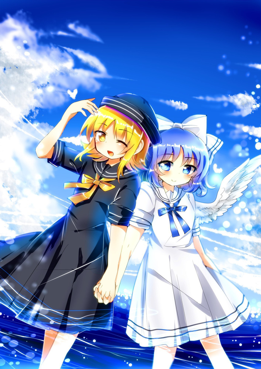 2girls adapted_costume angel_wings black_dress black_headwear blonde_hair blue_eyes blue_hair blue_ribbon blue_skirt bow cloud cloudy_sky commentary_request day dress feathered_wings hair_bow highres holding_hands mai_(touhou) multiple_girls ougi_maimai outdoors ribbon sailor_collar short_sleeves skirt sky touhou touhou_(pc-98) white_dress white_wings wings yellow_eyes yellow_ribbon yuki_(touhou)