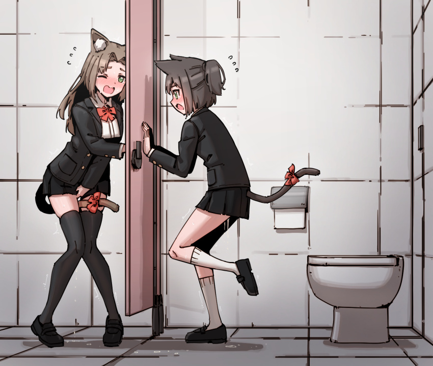 2girls animal_ear_fluff animal_ears bathroom between_legs black_footwear black_jacket black_legwear black_skirt blush bow bowtie breasts brown_hair buttons cat_ears cat_girl cat_tail choco_(rune_(pixiv_25170019)) collared_shirt commentary door embarrassed eyebrows_visible_through_hair flying_sweatdrops from_side full_body green_eyes hair_intakes hand_between_legs hand_up hands_up have_to_pee highres indoors jacket kneehighs knees_together_feet_apart leg_up long_hair long_sleeves medium_breasts miniskirt multiple_girls natali_(rune_(pixiv_25170019)) nose_blush one_eye_closed open_clothes open_jacket open_mouth original pee peeing peeing_self pigeon-toed pleated_skirt pocket ponytail red_bow red_bowtie rune_(pixiv_25170019) school_uniform shiny shiny_hair shirt shoes short_hair sidelocks sideways_mouth skindentation skirt small_breasts standing standing_on_one_leg sweat tail tail_between_legs tail_bow tail_ornament tears thighhighs tile_floor tile_wall tiles toilet toilet_paper toilet_stall trembling white_legwear white_shirt wince