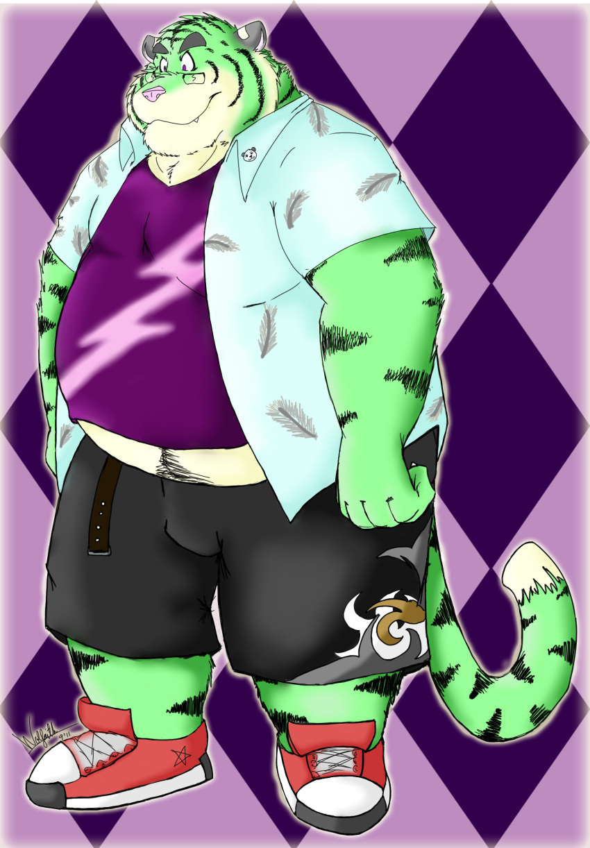 2011 anthro belly big_belly bottomwear clothing eyewear felid glasses green_body hi_res humanoid_hands kemono male mammal overweight overweight_male pantherine pink_nose shirt shorts solo tiger topwear vvolfaith