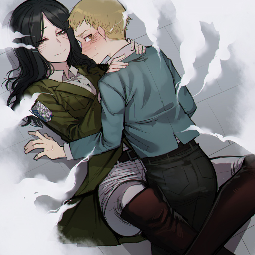 1boy 1girl age_difference black_hair black_pants blonde_hair blue_shirt blush boots boy_on_top brown_eyes facial_mark falco_grice from_above full-face_blush green_jacket grey_eyes hetero hickey highres jacket knee_boots leg_lock long_hair looking_at_another looking_at_viewer lying on_back on_floor pants pieck_finger ratatatat74 shingeki_no_kyojin shirt short_hair spoilers steam survey_corps_(emblem) sweatdrop wavy_mouth white_pants