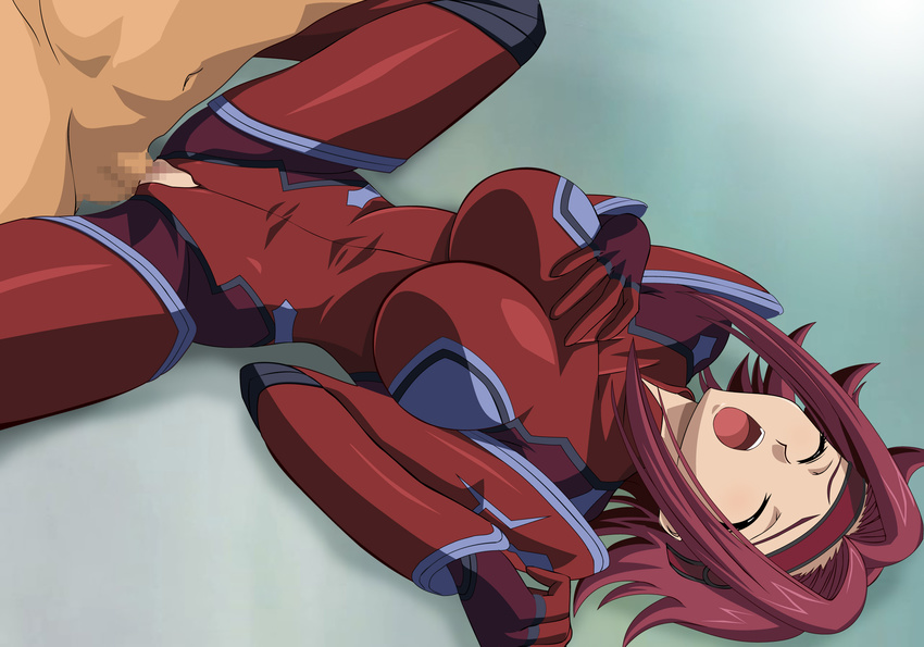 1girl bodysuit breasts censored closed_eyes clothed_sex code_geass danna hairband hetero highres kallen_stadtfeld large_breasts lying on_back open_mouth penis red_hair screaming sex solo_focus spread_legs vaginal