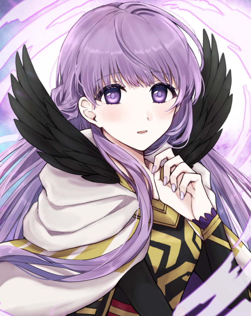 1girl aura black_feathers blush cape dress eyebrows_visible_through_hair feather_trim fire_emblem fire_emblem:_the_binding_blade fire_emblem_heroes highres long_hair long_sleeves looking_at_viewer misato_hao official_alternate_costume open_mouth purple_eyes purple_hair purple_nails simple_background solo sophia_(fire_emblem) upper_body very_long_hair