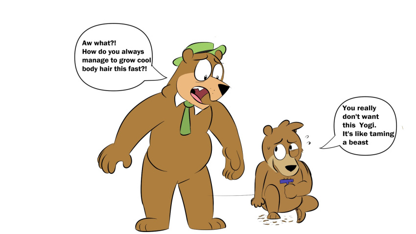 2022 anthro beargarbage belly boo-boo_bear brown_body clothing duo english_text hanna-barbera hat headgear headwear hi_res jellystone_(hbo_max) male mammal necktie simple_background sitting size_difference slightly_chubby text ursid white_background yogi_bear yogi_bear_(character)