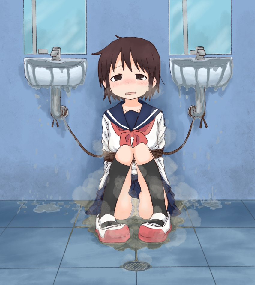 1girl bangs bathroom bdsm black_legwear blue_sailor_collar blue_skirt blush bondage bound bound_arms brown_eyes brown_hair cameltoe collarbone commentary_request drain_(object) embarrassed eyebrows_visible_through_hair faucet flat_chest full_body half-closed_eyes highres indoors kneehighs knees_together_feet_apart long_sleeves looking_at_viewer miniskirt mirror neckerchief nose_blush open_mouth original panties pantyshot partial_commentary pee peeing peeing_self pigeon-toed pleated_skirt ponnu_(tnpn2yw) puddle red_footwear red_neckerchief rope sailor_collar school_uniform serafuku shirt shoes short_hair sidelocks sink sitting skirt solo spilling steam straight-on underwear upskirt water wavy_mouth wet wet_clothes wet_panties white_panties white_shirt