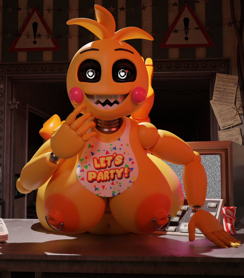 &lt;3 &lt;3_eyes 2022 3d_(artwork) absurd_res animatronic anthro anthrofied areola avian beakless big_breasts bird blush breasts chicken curvaceous curvy_figure digital_media_(artwork) female feversfm five_nights_at_freddy's five_nights_at_freddy's_2 galliform gallus_(genus) hi_res looking_at_viewer machine navel nipple_piercing nipples non-mammal_breasts non-mammal_nipples nude phasianid piercing robot scottgames sharp_teeth sitting solo source_filmmaker teeth thick_thighs toy_chica_(fnaf) video_games voluptuous white_eyes wide_hips yellow_body