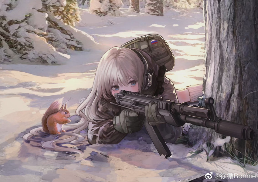 1girl aiming animal backpack bag blue_eyes bonnie commentary_request day green_bag grey_hair gun highres holding holding_gun holding_weapon long_hair lying on_stomach original outdoors rifle russian_flag scope sniper_rifle snow squirrel tree weapon weibo_username white_hair