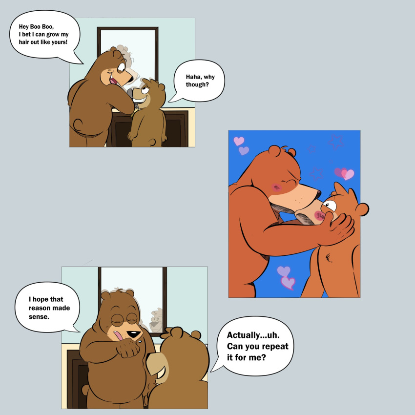 2022 anthro beargarbage biped black_nose blush boo-boo_bear brown_body comic duo eyes_closed hanna-barbera hi_res jellystone_(hbo_max) kissing male mammal mirror size_difference slightly_chubby ursid yogi_bear yogi_bear_(character)