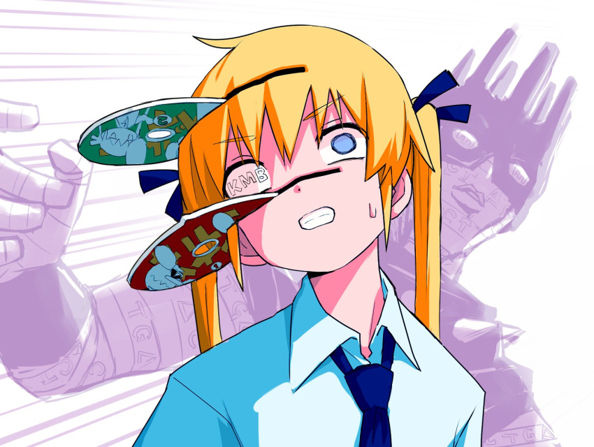 1girl 1other bangs blonde_hair blue_eyes blue_necktie blue_ribbon blue_shirt cd clenched_teeth collared_shirt commentary_request copyright_name crossover empty_eyes eyebrows_visible_through_hair hair_ribbon jojo_no_kimyou_na_bouken kill_me_baby long_hair necktie ribbon school_uniform shirt sonya_(kill_me_baby) stand_(jojo) stone_ocean sweatdrop teeth twintails upper_body white_background whitesnake_(stand) yachima_tana