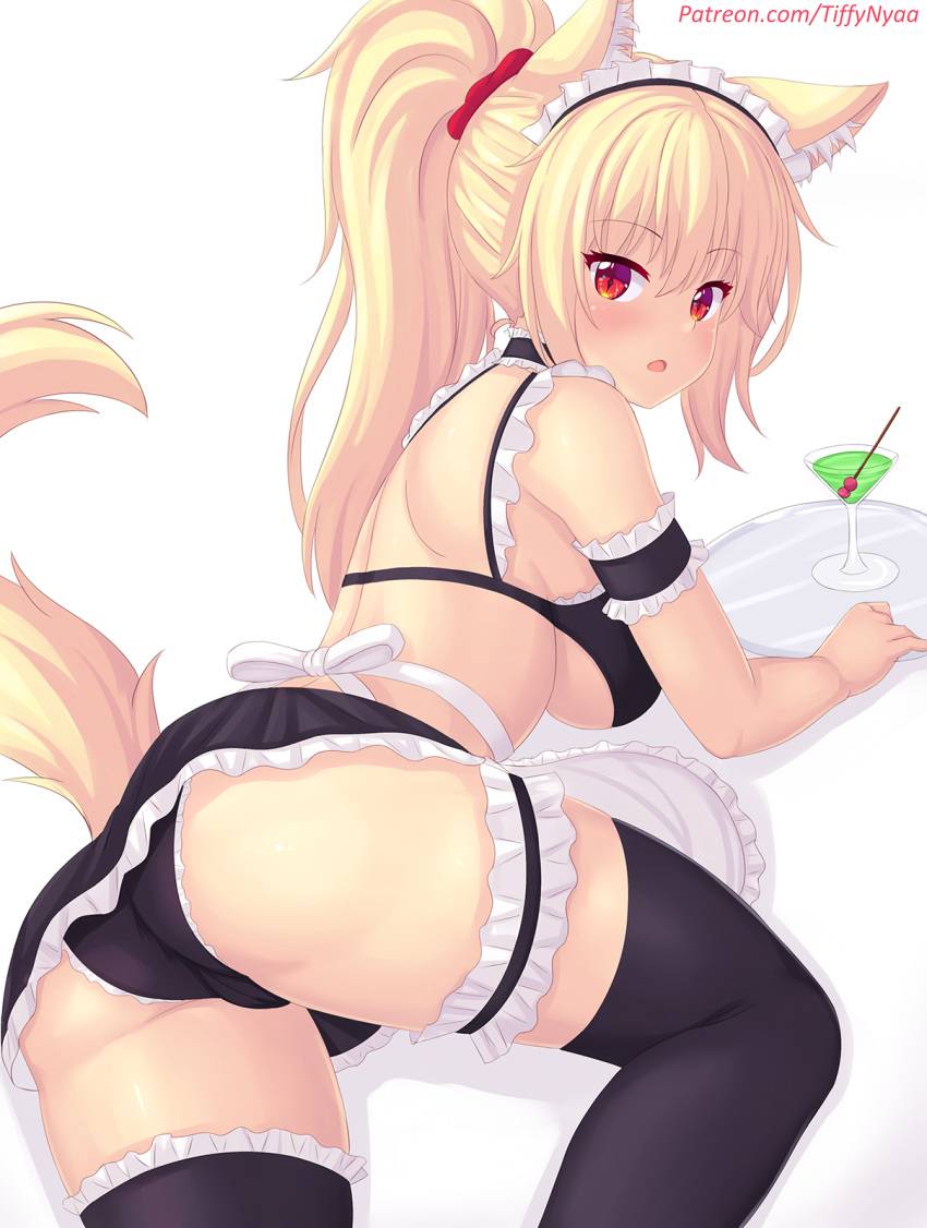 1girl animal_ears arm_strap ass bangs bikini black_bikini black_legwear black_panties black_skirt blonde_hair blush cat_ears cat_girl cat_tail cocktail_glass commentary cup drinking_glass english_commentary eyebrows_visible_through_hair frills from_behind hair_ornament hair_scrunchie highres long_hair looking_at_viewer looking_back lying maid_bikini maid_headdress martini miniskirt nottytiffy on_stomach original panties parted_lips patreon_username ponytail red_eyes red_scrunchie scrunchie skirt slit_pupils solo swimsuit tail thigh_strap thighhighs thighs tiffy_(nottytiffy) underwear white_headwear