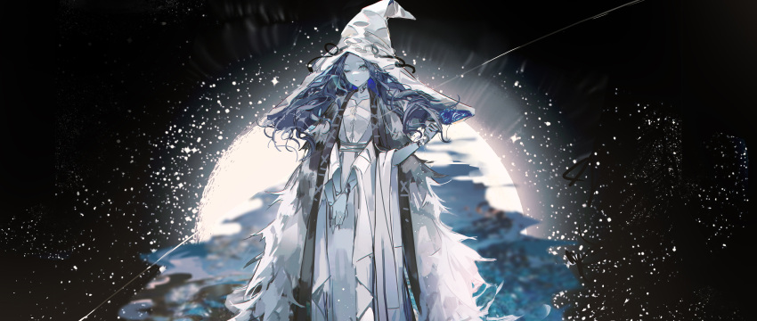 1girl absurdres black_background blue_eyes blue_hair blue_skin colored_skin dress elden_ring extra_arms extra_faces fur_cloak hat highres jewelry large_hat long_hair looking_at_viewer one_eye_closed ranni_the_witch ring solo standing taiz22 white_dress white_headwear witch witch_hat