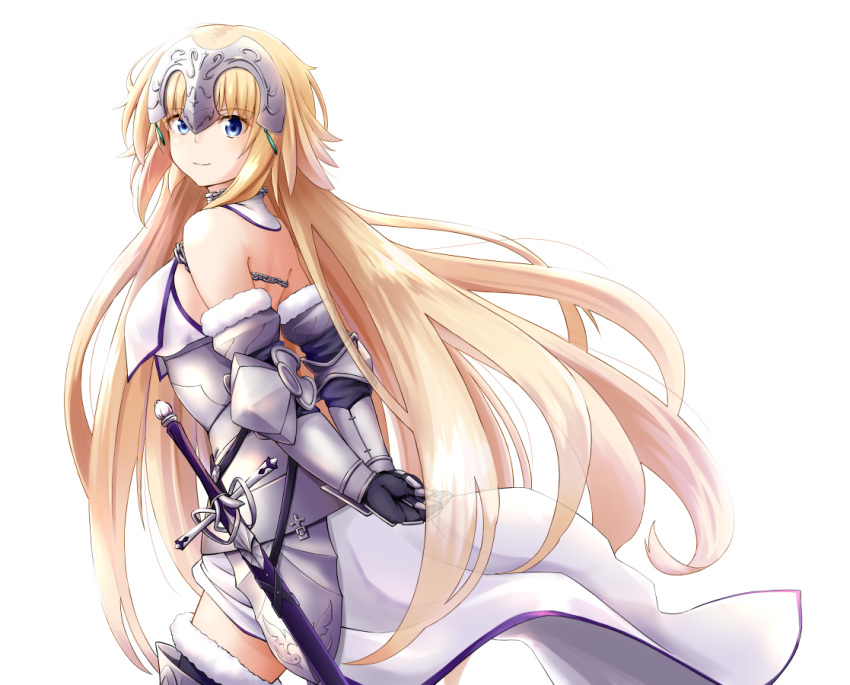 1girl armor armored_dress bangs blonde_hair chain fate/apocrypha fate/grand_order fate_(series) headpiece jeanne_d'arc_(fate) jeanne_d'arc_(fate/apocrypha) jeanne_d'arc_(third_ascension)_(fate) long_hair looking_at_viewer looking_back panikuru_yuuto simple_background smile solo sword very_long_hair weapon white_background