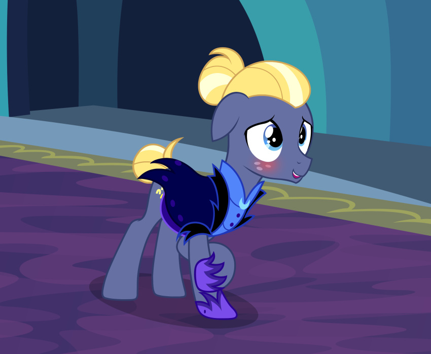 alternate_hairstyle alternate_universe badumsquish blonde_hair blue_eyes blush clothed clothing crossdressing cutie_mark earth_pony equid equine footwear freckles friendship_is_magic hair hair_bun hasbro hi_res horse inside male mammal my_little_pony pony shoes solo star_tracker_(mlp)