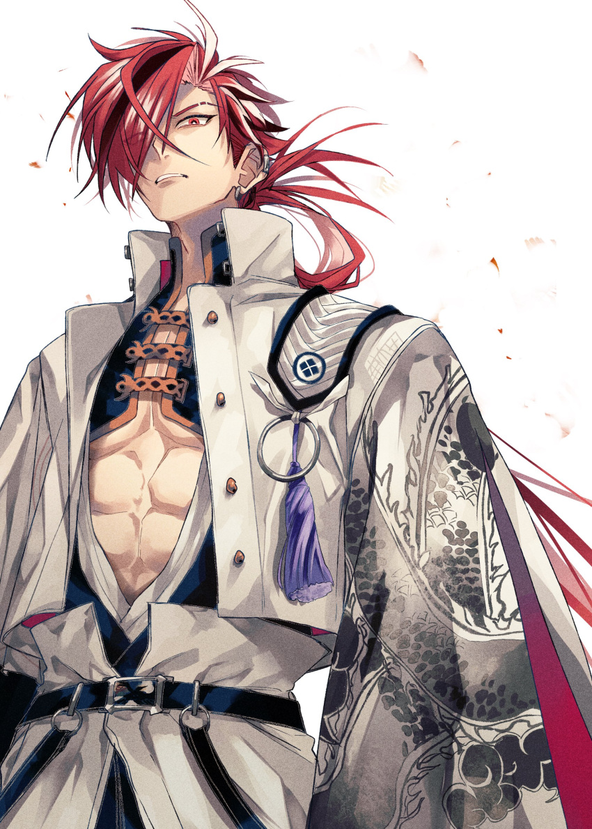 1boy abs absurdres bangs belt black_belt black_hair commentary earrings fate/grand_order fate_(series) feet_out_of_frame glance hair_over_one_eye highres jacket japanese_clothes jewelry long_hair long_sleeves looking_at_viewer male_focus multicolored_hair pants pectoral_cleavage pectorals red_eyes red_hair simple_background solo streaked_hair takasugi_shinsaku_(fate) teeth toned toned_male u_5ham0 underpec white_background white_hair white_jacket wide_sleeves