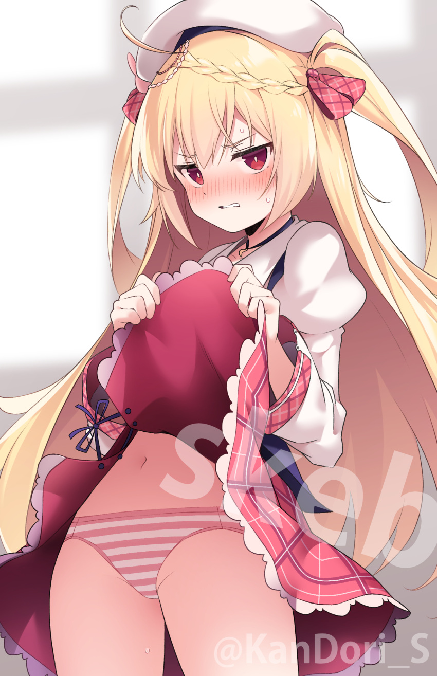 1girl ahoge azur_lane blonde_hair blush clenched_teeth clothes_lift commission crescent_(azur_lane) frilled_skirt frills hat highres jewelry kandori long_hair panties pendant ribbon sailor_hat skeb_commission skirt skirt_lift striped striped_panties teeth twintails twitter_username underwear watermark