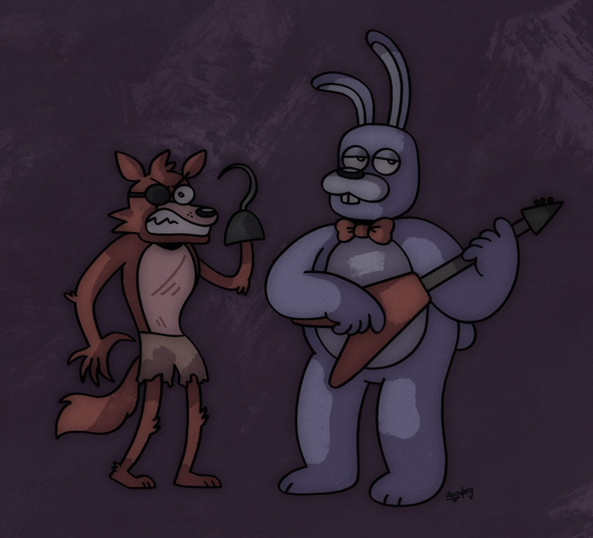 2022 animatronic anthro barefoot black_nose bonnie_(fnaf) bottomwear bow_tie bow_tie_only buckteeth canid canine canis cheek_tuft chest_scar clothed clothing digital_media_(artwork) duo eye_patch eyebrows eyewear facial_tuft featureless_crotch feet five_nights_at_freddy's foxy_(fnaf) frown fur guitar half-closed_eyes head_tuft hi_res holding_guitar holding_object hook hook_hand jassaberg lagomorph leporid looking_at_viewer machine male mammal mostly_nude musical_instrument narrowed_eyes plucked_string_instrument purple_background purple_body purple_fur rabbit red_body red_fur robot scar scottgames sharp_teeth shorts signature simple_background standing string_instrument teeth topless torn_bottomwear torn_clothing tuft video_games