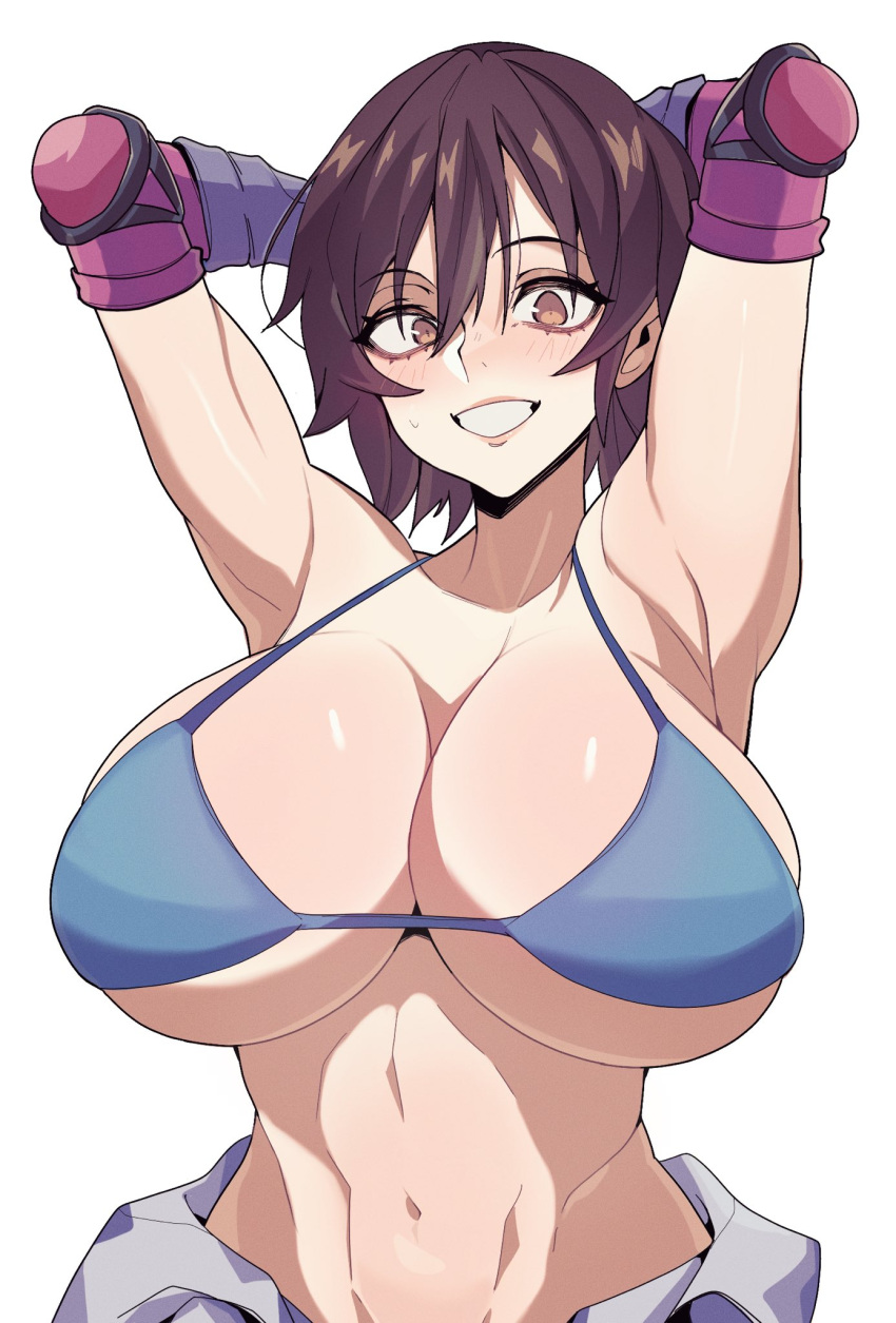 1girl arms_behind_head arms_up bikini bikini_top_only blush breasts brown_hair clothes_around_waist commentary commission elbow_gloves elbow_pads english_commentary eyebrows_visible_through_hair gloves hair_between_eyes highres huge_breasts jacket jacket_around_waist kazama_asuka looking_at_viewer navel short_hair solo sweatdrop swimsuit tekken upper_body white_background yoshiikirablr