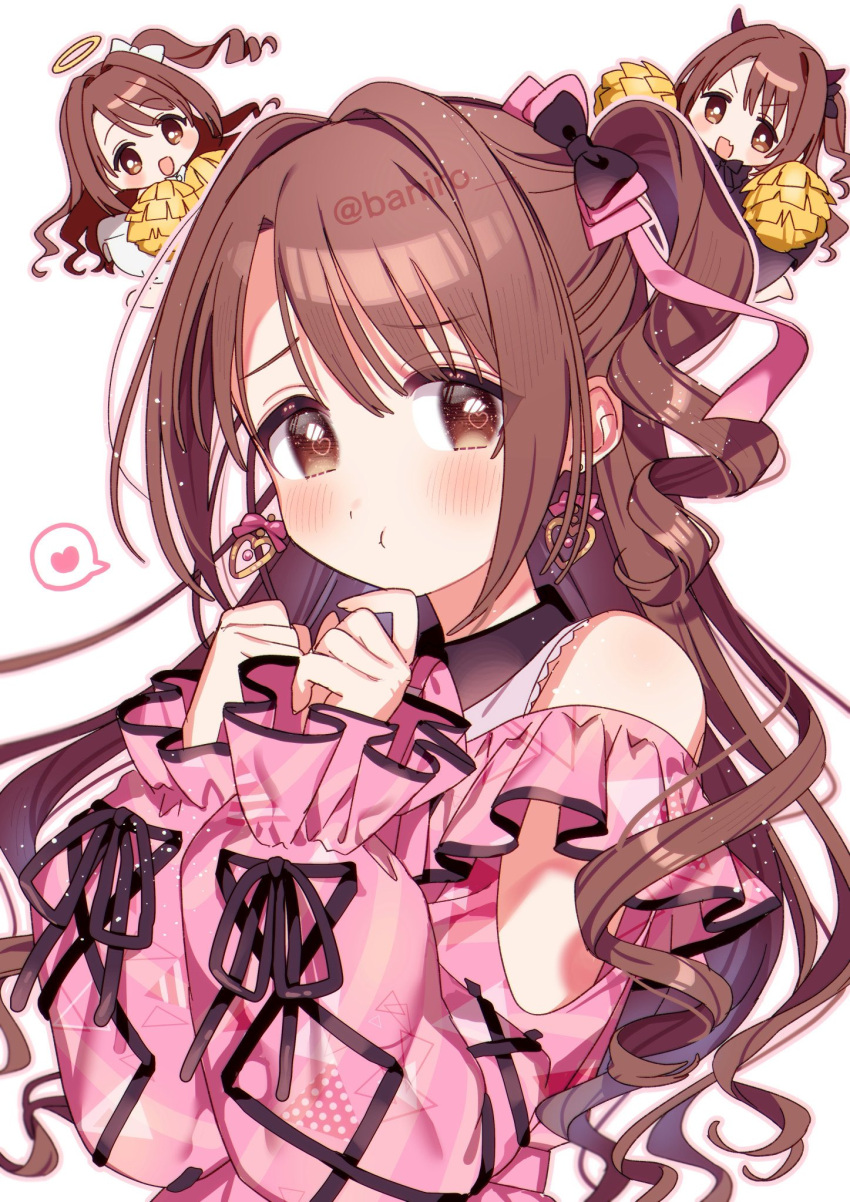 1girl :t angel_and_devil banirou blush bow brown_hair chibi clothing_cutout frilled_sleeves frills hair_bow hair_intakes heart highres idol idolmaster idolmaster_cinderella_girls looking_at_viewer one_side_up pout shimamura_uzuki shoulder_cutout speech_bubble spoken_heart twitter_username upper_body watermark wavy_hair