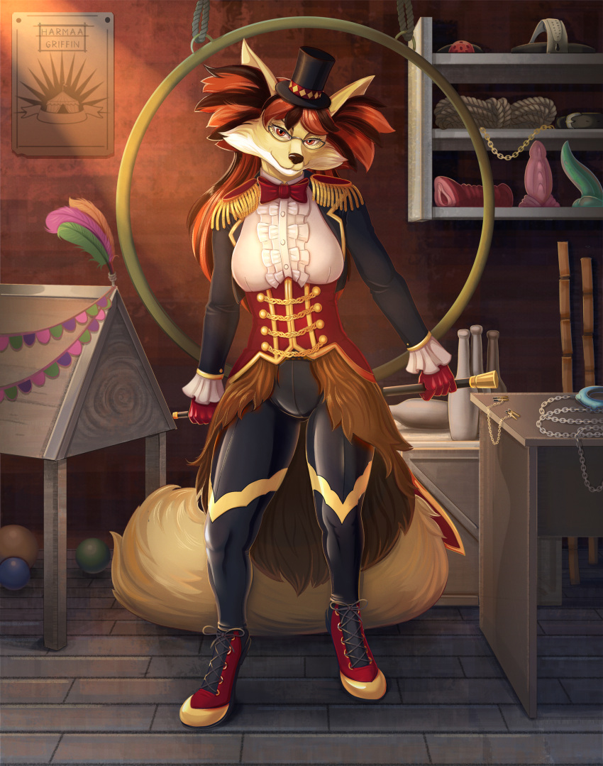 absurd_res anthro cane circus clothing delphox dildo eyewear female glasses harmaagriffin hat headgear headwear hi_res juggling_pin looking_at_viewer nintendo nipple_chain pok&eacute;mon pok&eacute;mon_(species) poster ring ringmaster_outfit rope sex_toy smile solo top_hat video_games wooden_horse_(device)