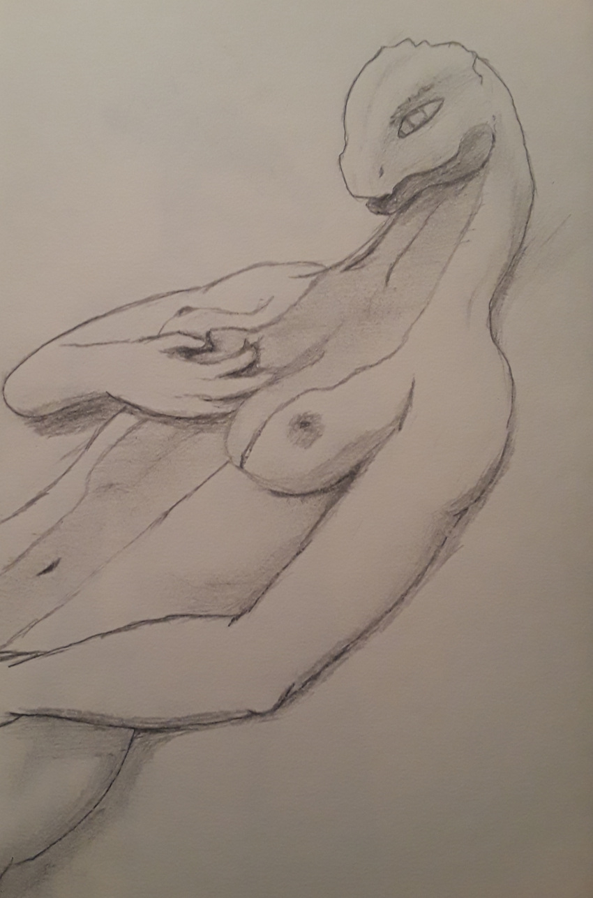 4_fingers absurd_res admiring admiring_self anthro breasts calm countershading dragon female fingers hand_on_breast hand_on_own_breast hi_res kobold loeithedragon long_neck looking_at_breasts looking_at_self lying navel nipples non-mammal_breasts on_back pupils reptile scalie self_grope sketch slight_smile slim slit_pupils smile snake snitties solo solo_focus traditional_media_(artwork)