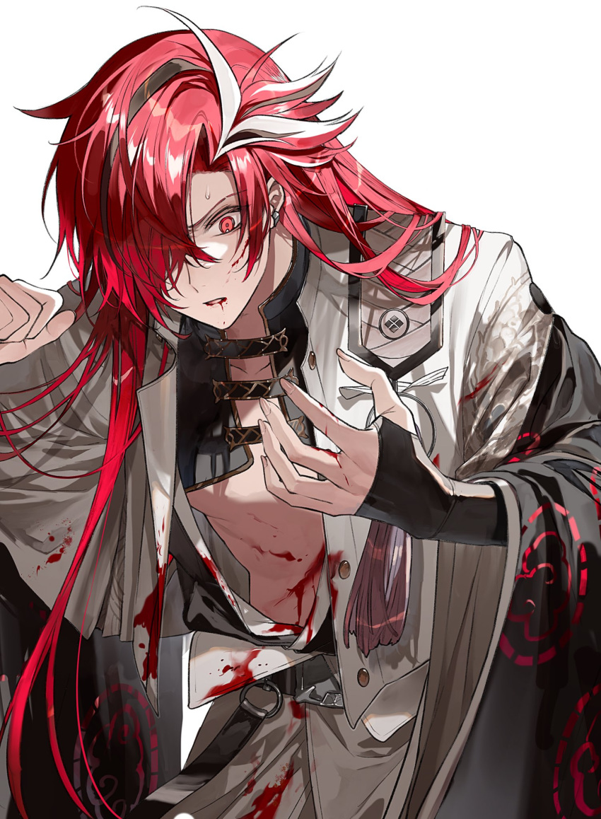 1boy bangs black_hair bleeding blood blood_on_face blood_on_hands blood_stain commentary_request deep_wound earrings fate/grand_order fate_(series) hair_over_one_eye hands_up highres injury jacket japanese_clothes jewelry kuga_huna long_hair long_sleeves looking_away male_focus multicolored_hair pectoral_cleavage pectorals red_eyes red_hair simple_background solo streaked_hair takasugi_shinsaku_(fate) underpec upper_body white_background white_hair white_jacket
