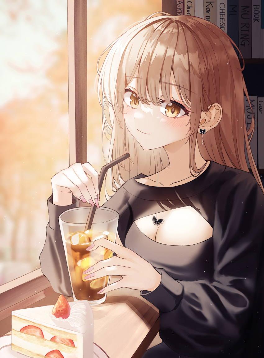 1girl absurdres breasts brown_eyes brown_hair butterfly_earrings cafe cake choc cleavage cleavage_cutout clothing_cutout earrings food highres iced_tea jewelry long_hair nail_polish original piercing restaurant sitting solo