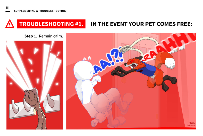 absurd_res ambiguous_gender black_nose brown_body brown_fur canid canine claws coat_rack dialogue dipstick_tail english_text eyes_closed feral fox fur furniture harness hi_res how-to human inside leash mammal markings multicolored_tail onomatopoeia orange_body orange_fur quizzical_(artist) red_fox rope sound_effects tail_markings text