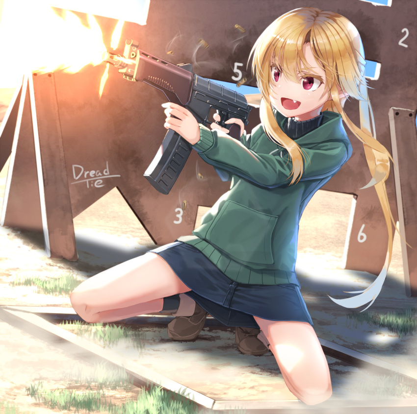 1girl absurdres bangs black_legwear blonde_hair blue_skirt brown_footwear commentary_request day denim denim_skirt dreadtie fang firing grass green_hoodie gun highres holding holding_gun holding_weapon hood hood_down hoodie jessica_jefferson long_hair long_sleeves looking_to_the_side low_twintails miniskirt open_mouth original outdoors red_eyes shadow shoes sidelocks skirt smile socks solo standing submachine_gun twintails weapon weapon_request