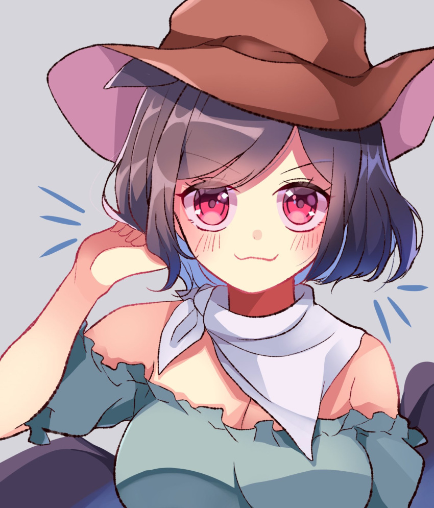 1girl :3 animal_ears bandana bangs bare_shoulders black_hair black_wings blue_shirt blush breasts brown_headwear cleavage cowboy cowboy_hat cowboy_western dress eyebrows_visible_through_hair eyes_visible_through_hair frilled_dress frills hat highres horse_ears horse_girl kurokoma_saki looking_at_viewer medium_breasts meimei_(meimei89008309) off-shoulder_shirt off_shoulder portrait puffy_short_sleeves puffy_sleeves red_eyes shirt short_hair short_sleeves simple_background smile solo swept_bangs touhou wings