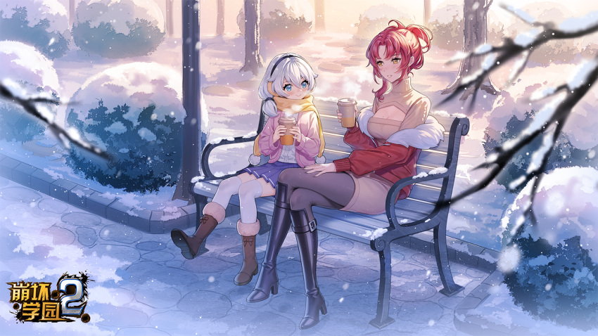 2girls bench benghuai_xueyuan black_footwear blue_eyes blue_skirt boots brown_footwear brown_legwear brown_sweater closed_mouth coat coffee_cup crossed_legs cup disposable_cup full_body headband high_heel_boots high_heels holding holding_cup honkai_(series) honkai_impact_3rd jacket long_hair long_sleeves majiang multiple_girls murata_himeko outdoors pantyhose park pink_jacket red_coat red_eyes scarf side_ponytail sitting skirt smile snowing sweater theresa_apocalypse thighhighs tree white_hair white_legwear yellow_eyes yellow_scarf