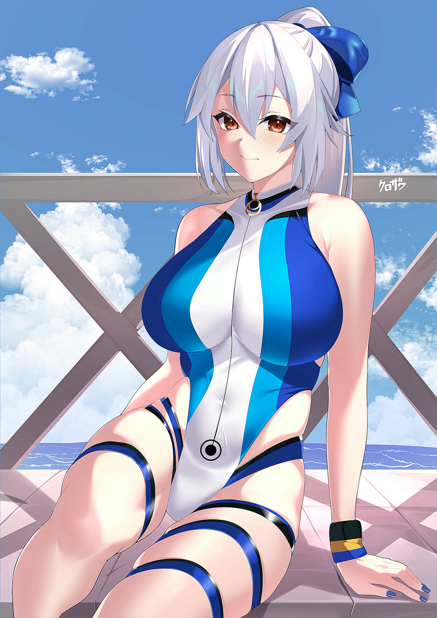 1girl bangs bare_shoulders blue_bow blue_swimsuit bow breasts covered_navel fate/grand_order fate_(series) hair_between_eyes hair_bow highleg highleg_swimsuit highres kurozawa_yui large_breasts long_hair looking_at_viewer one-piece_swimsuit ponytail red_eyes silver_hair sitting smile solo swimsuit thigh_strap thighs tomoe_gozen_(fate) tomoe_gozen_(swimsuit_saber)_(fate) two-tone_swimsuit white_swimsuit