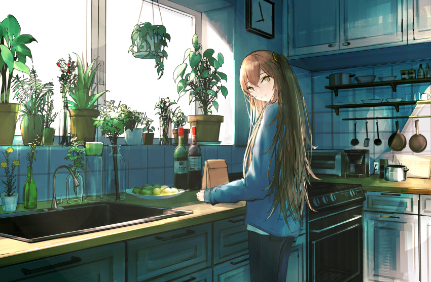1girl absurdres bottle brown_eyes brown_hair counter faucet frying_pan girls'_frontline highres indoors kitchen kofi59652451 ladle long_hair long_sleeves one_side_up oven plant pot potted_plant scar scar_across_eye shirt sink smile solo spatula standing ump45_(girls'_frontline) very_long_hair white_shirt