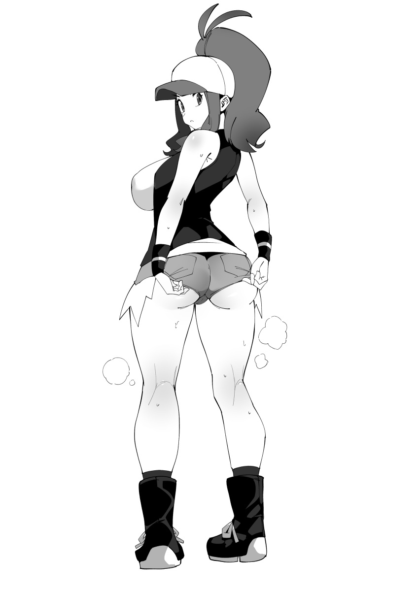 1girl absurdres adjusting_clothes adjusting_shorts antenna_hair ass bare_arms bare_legs bare_shoulders baseball_cap boots breasts crotch_seam exposed_pocket full_body greyscale hair_through_headwear hat high_ponytail highres hilda_(pokemon) huge_breasts impossible_hair kneepits kobo_(cobo_0609) legs_apart long_hair looking_at_viewer looking_back monochrome official_alternate_costume parted_lips pocket pokemon pokemon_(game) pokemon_bw shirt short_shorts shorts sidelocks simple_background sleeveless sleeveless_shirt socks solo standing sweat underbutt vest white_background wristband