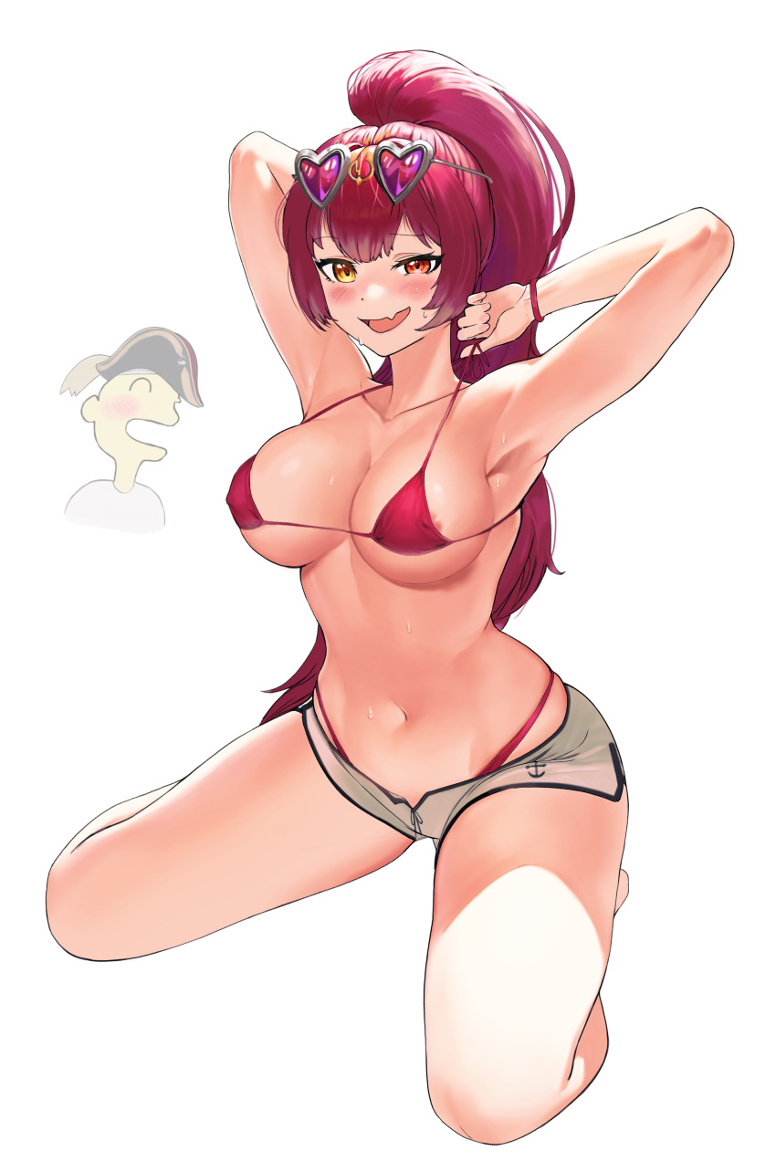 1girl :d absurdres areola_slip areolae arm_behind_head armpits arms_up bare_arms bikini bikini_under_clothes blush breasts cleavage collarbone commentary_request eyewear_on_head fang full_body hat heart heart-shaped_eyewear heterochromia highres hololive houshou_marine large_breasts listener_(inugami_korone) long_hair looking_at_viewer micro_shorts mr_tangsuyuk navel pink-tinted_eyewear pirate_hat ponytail red_bikini red_eyes red_hair shorts sitting skin_fang smile solo stomach sunglasses sweat swimsuit tinted_eyewear virtual_youtuber white_shorts yellow_eyes