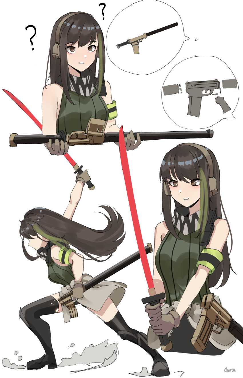 1girl ? absurdres artist_name assault_rifle boots cursed_m4a1 fighting_stance gar32 girls'_frontline gloves gun headphones highres holding holding_weapon katana kendo long_hair m4_carbine m4a1_(girls'_frontline) magazine_(weapon) rifle scabbard sheath solo sword weapon white_background