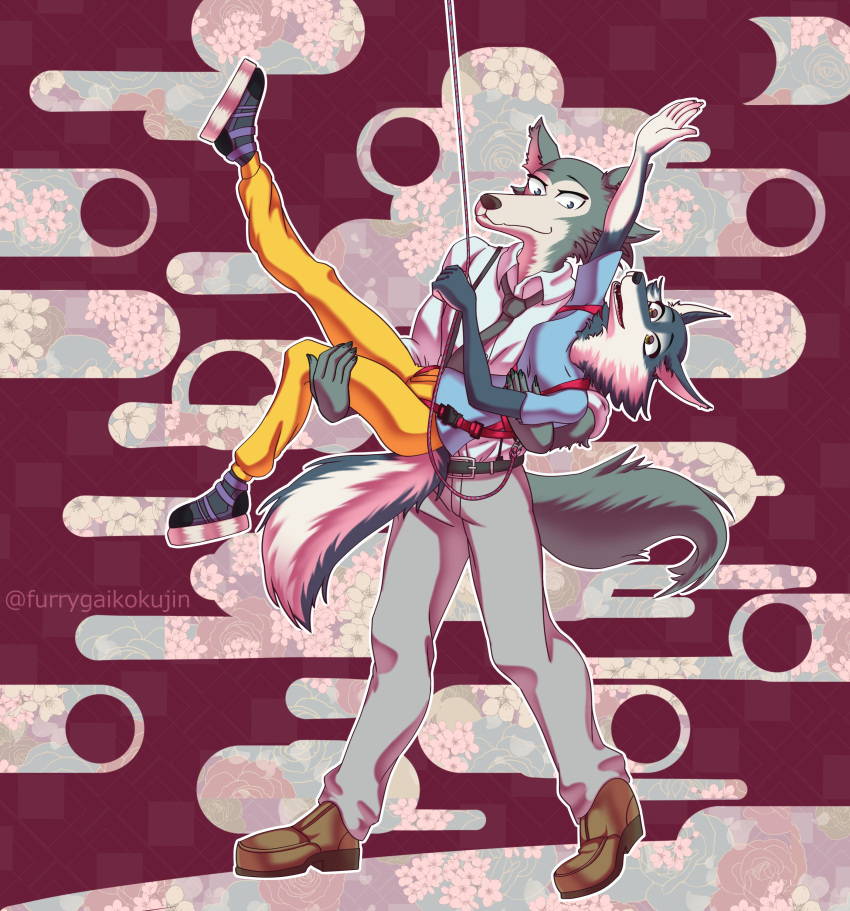 2022 5_fingers absurd_res anthro beastars black_nose bottomwear bridal_carry canid canine canis carrying carrying_partner clothed clothing crossover digital_media_(artwork) dress_shirt duo female fingers footwear fur grey_body grey_fur hi_res humanoid_hands illumination_entertainment legoshi_(beastars) looking_at_another looking_at_partner luvenart male male/female mammal multicolored_body multicolored_fur necktie pants pattern_bottomwear pattern_clothing pattern_pants porsha_crystal raised_leg safety_harness shirt shoes sing_(movie) smile sneakers striped_bottomwear striped_clothing striped_pants stripes t-shirt topwear two_tone_body two_tone_fur white_body white_fur wolf