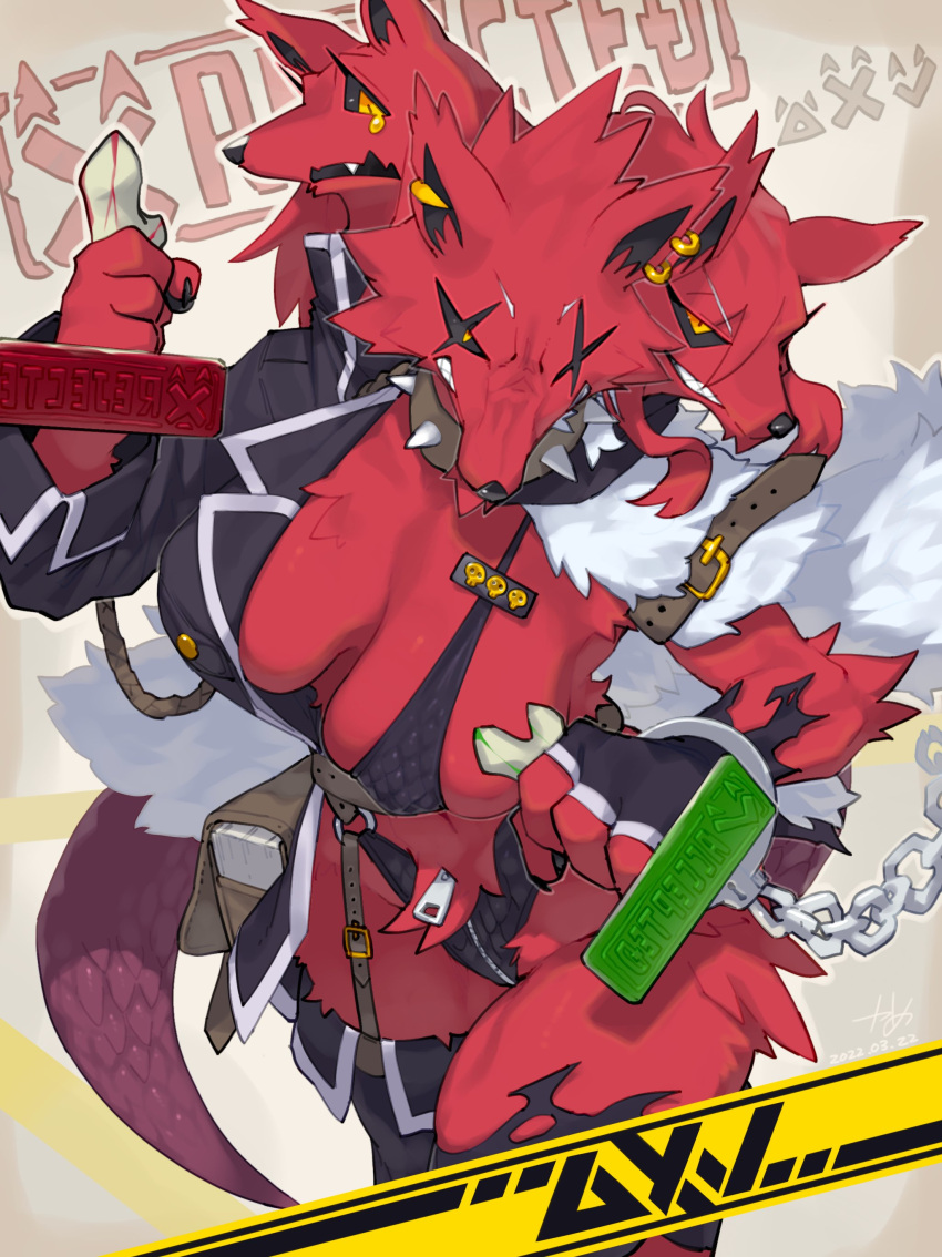 absurd_res anthro breasts canid cerberus cleavage clothed clothing collar european_mythology female fur greek_mythology hi_res kame_3 mammal multi_head mythology red_body red_fur scar spiked_collar spikes