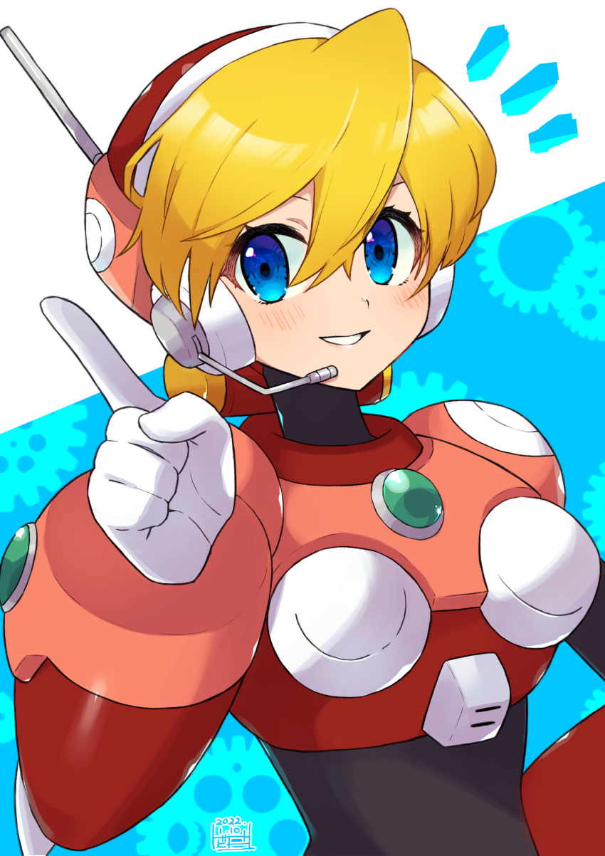 1girl :d alia_(mega_man) android blonde_hair blue_eyes commentary dated eyebrows_visible_through_hair eyelashes gears hair_between_eyes headset highres index_finger_raised looking_at_viewer mega_man_(series) mega_man_x_(series) open_mouth pink_armor robot robot_ears signature smile solo teeth tobitori two-tone_background upper_teeth