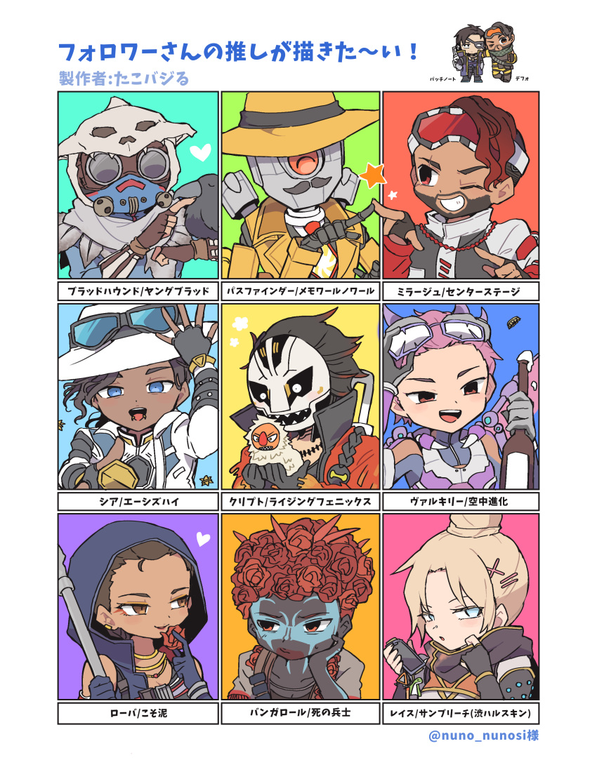 1other 4boys 4girls absurdres aces_high_seer aerial_evolution_valkyrie ambiguous_gender apex_legends bangalore_(apex_legends) bangs bird black_gloves black_hair blonde_hair bloodhound_(apex_legends) blue_eyes bottle brown_jacket center_stage_mirage crow crypto_(apex_legends) dark-skinned_female dark-skinned_male dark_skin facial_hair flower followers_favorite_challenge gloves goggles goggles_on_headwear hair_slicked_back heart highres holding holding_bottle hood hood_up humanoid_robot jacket long_hair looking_to_the_side mask memoir_noir_pathfinder mirage_(apex_legends) multiple_boys multiple_girls mustache nojima_minami official_alternate_costume one-eyed one_eye_closed orange_jacket parted_bangs patch_notes_crypto pathfinder_(apex_legends) petty_theft_loba pink_hair red_eyes red_flower red_hair red_jacket rising_phoenix_crypto seer_(apex_legends) soldado_de_la_muerte_bangalore sun_bleached_wraith valkyrie_(apex_legends) wraith_(apex_legends) young_blood_bloodhound