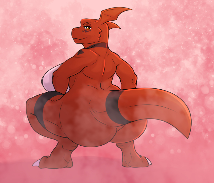 anthro bandai_namco ben300 big_breasts big_butt breasts butt crouching digimon digimon_(species) female guilmon hi_res looking_at_viewer looking_back looking_back_at_viewer nude red_body solo