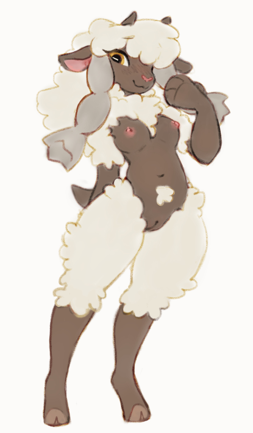 absurd_res anthro anthrofied belly_tuft bovid breasts caprine female floppy_ears fluffy fur genitals hi_res mammal navel neck_tuft nintendo nipples nude paws pok&eacute;mon pok&eacute;mon_(species) pussy sheep simple_background solo thick_thighs tuft video_games waspsalad wool_(fur) wooloo