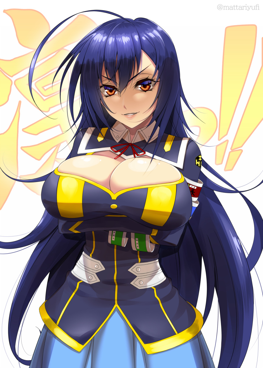 1girl ahoge armband arms_under_breasts blue_hair breasts brown_eyes cleavage_cutout clothing_cutout commentary crossed_arms hair_between_eyes highres huge_breasts jacket kurokami_medaka long_hair looking_at_viewer mattari_yufi medaka_box school_uniform sidelocks skirt smile solo translation_request twitter_username upper_body white_background