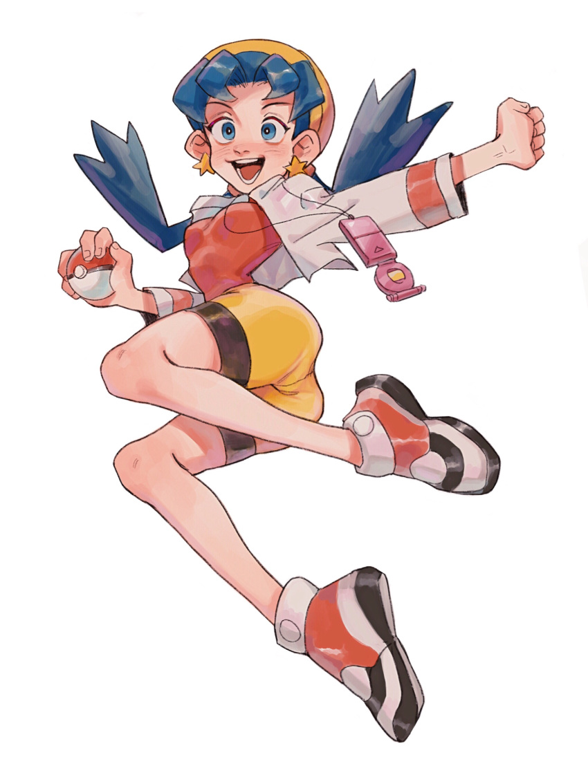 1girl :d absurdres ay_(1054105084) bangs bike_shorts blue_eyes blue_hair blush commentary cropped_jacket full_body highres jacket knees kris_(pokemon) long_hair open_clothes open_jacket open_mouth outstretched_arm pokemon pokemon_adventures shirt shoes simple_background smile sneakers solo teeth tongue twintails white_background white_footwear white_jacket