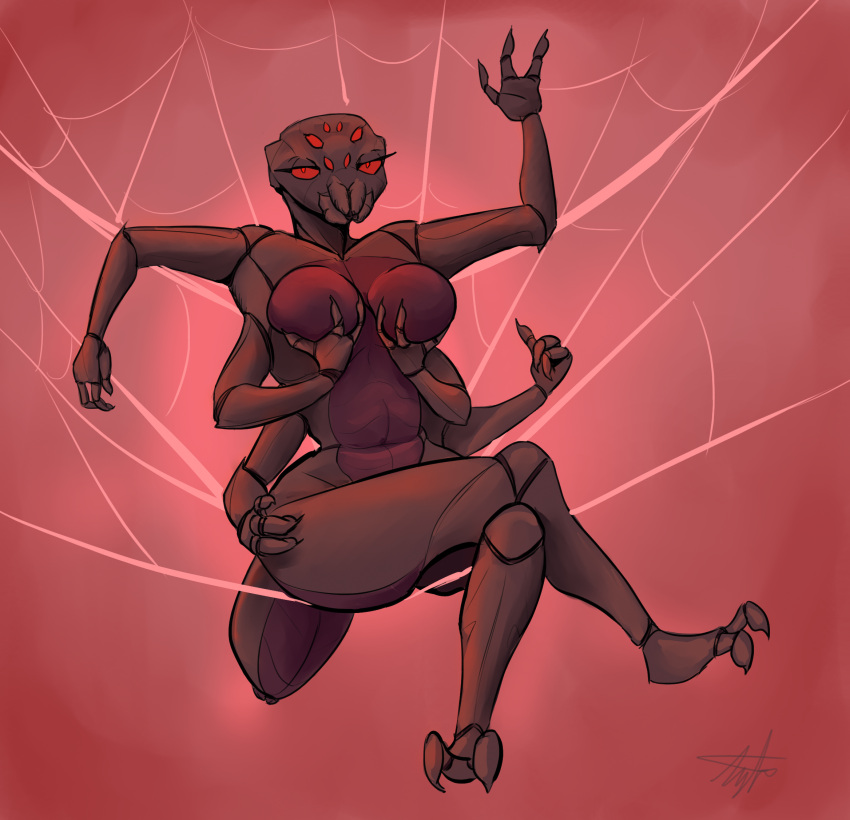 6_arms 8_eyes animal_humanoid anthro arachnid arachnid_humanoid artdemonslair arthropod arthropod_abdomen arthropod_humanoid breasts female gesture hi_res humanoid multi_arm multi_eye multi_limb navel relaxing simple_background sitting solo spider waving web_(disambiguation)