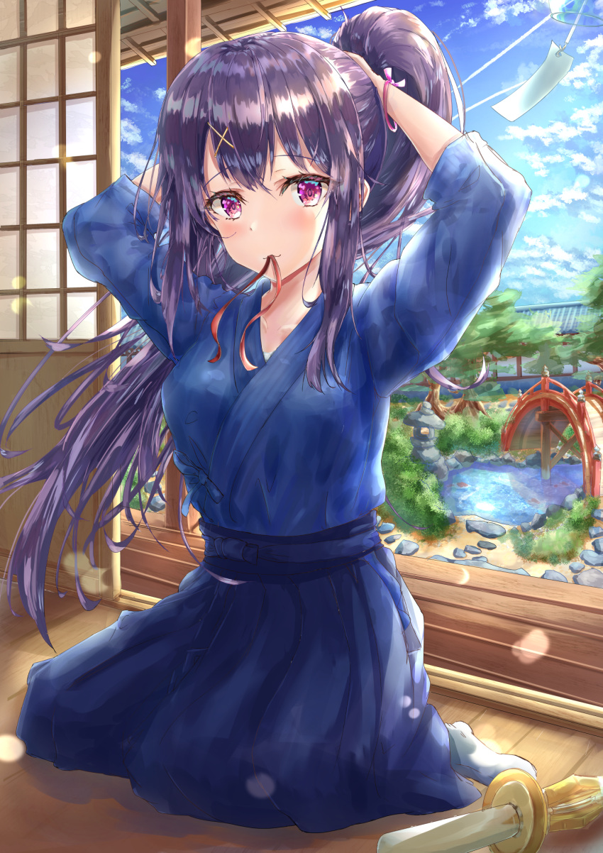 1girl architecture arms_up blue_hakama blue_kimono blue_sky bracelet collarbone east_asian_architecture garden hai_0013 hair_ornament hakama hakama_skirt highres japanese_clothes jewelry kimono light_smile long_hair looking_at_viewer mouth_hold obi original pink_eyes pond ponytail purple_hair red_ribbon ribbon ribbon_in_mouth sash seiza shinai sitting skirt sky sliding_doors sword tying_hair very_long_hair weapon wooden_bridge wooden_floor x_hair_ornament